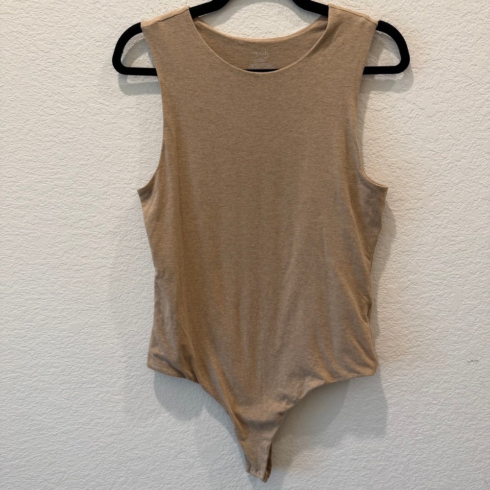 Nuuds Sleeveless Crew Neck Bodysuit Tan Heathered Cotton Modal Blend Large